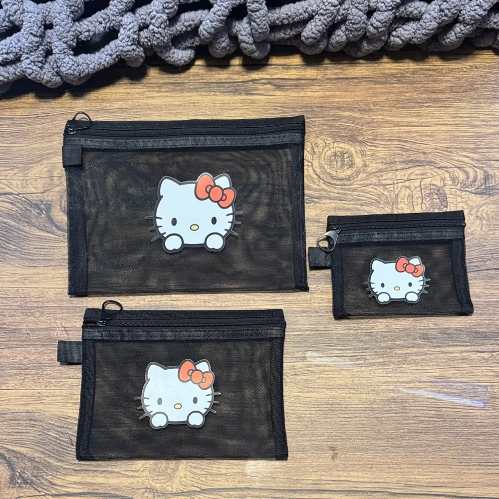 3 Hello Kitty Black Mesh Accessory Pouches